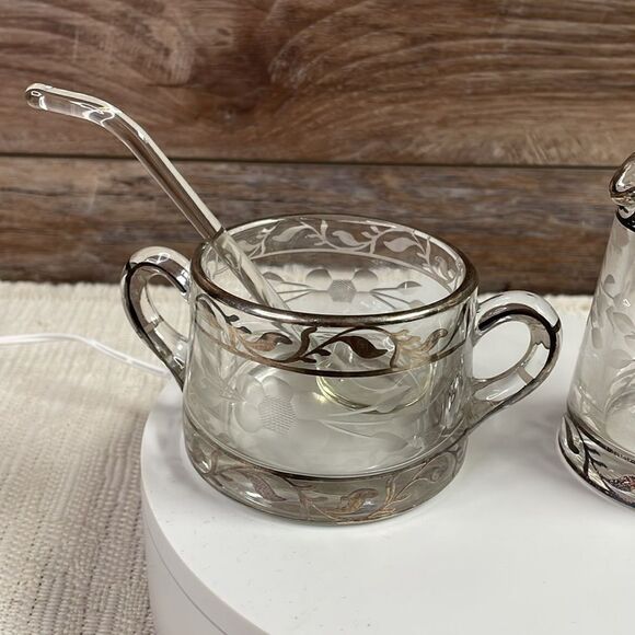 Glass Creamer & Sugar Bowl & Glass Spoon Sterling Silver Overlay&Etched Flowers - Picture 4 of 9